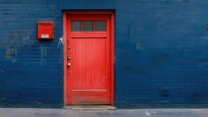 Red Wooden Door Against a Blue Brick Wall