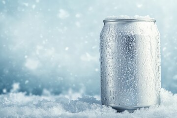 A frosted beverage can rests in snow amid a winter scene
