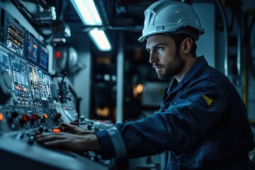 Electricity generation engineer operates turbine controls in a modern facility