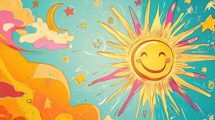 Fototapeta premium Cheerful Sunny Vibes in Abstract Groovy Hippie Style Artwork