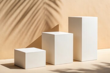 Minimalist 3D White Display Pedestals Against Warm Beige Background