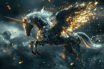 Fototapeta premium A fantastical flying horse with a golden glowing wings is depicted