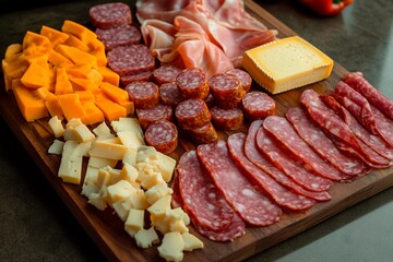 A colorful assortment of meats and cheeses is neatly arranged on a wooden board. Different varieties include slices of salami, cheddar cubes, and cured meats, perfect for social occasions