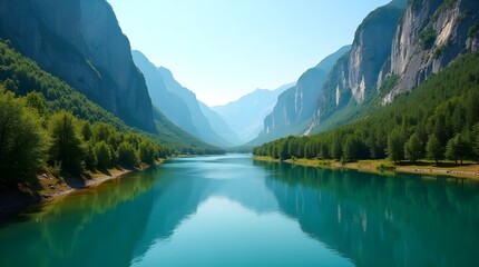Fototapeta premium a crystal-clear river winding through a valley of towering cliffs and dense evergreen trees, with reflections of the sky and foliage shimmering on the calm surface of the water