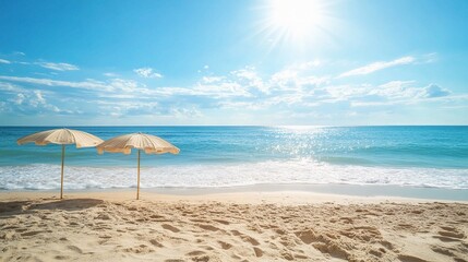 Scenic Breezy Summer Morning with Beach Umbrellas and Ocean View