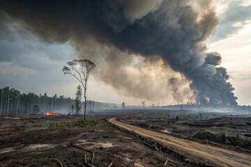 Wildfire spreads across forested land, creating thick smoke and destruction near dirt road