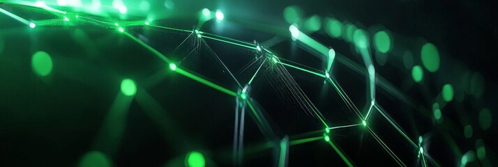 Fototapeta premium Futuristic Green Hexagonal Grid Network - Abstract glowing green hexagonal grid, symbolizing connection, technology, innovation, network, and data flow. A futuristic landscape