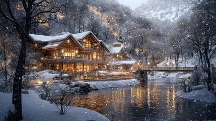 Fototapeta premium Snowy Winter Lodge by River at Night