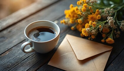 Aromatic black coffee with yellow flower bouquet and kraft envelope on rustic wood table. Morning mood picture. Cozy home design, spring holiday greeting card concept.