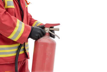 Firefighter in Uniform Using Fire Extinguisher
