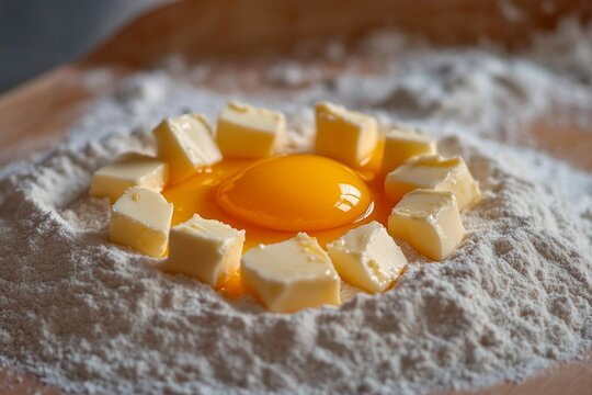 A mound of flour placed on a wooden surface forms a circle around a bright yellow egg yolk, surrounded by small cubes of butter ready for mixing into dough for pasta preparation - Powered by Adobe