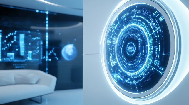 Futuristic Smart Home Interface - Sleek futuristic home interface with glowing blue display, showcasing advanced technology and modern design