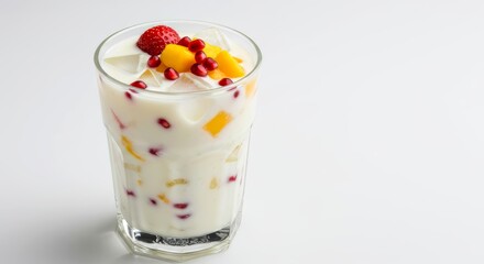 Refreshing fruit salad drink with natural yogurt, mangoes, strawberries, and pomegranate for a healthy summer dessert, featuring antioxidant freshness