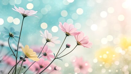 Fototapeta premium Delicate pastel flowers with soft bokeh lights in the background. Perfect for spring greeting cards, nature backgrounds and romantic design.
