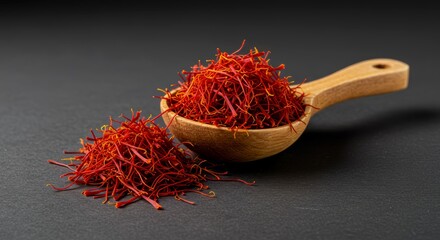 Fototapeta premium Delicious saffron threads in a wooden spoon on dark background for flavoring food, adding color and aroma to cuisine, promoting wellness
