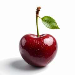 Single Red Cherry with Stem and Leaf