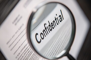Close-up view of magnifying glass focusing on confidential document details