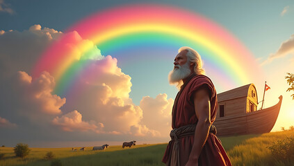A bright rainbow is emerging above Noah and the Ark