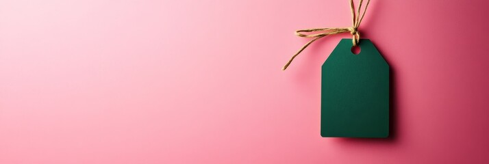 Green Tag on Pink Background - Simple elegance, minimalist design, blank space, festive feel, branding opportunity