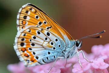 Obraz premium A beautiful butterfly with colorful wings perches on pink flowers