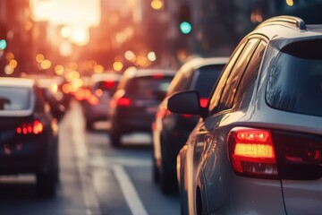 Fototapeta premium Cars in traffic during sunset with bright lights and bokeh effect on a city street scene view