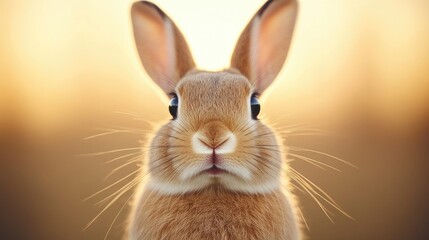 Close-up of a rabbit, facing forward, bathed in golden sunlight.  Fluffy, alert, and curious
