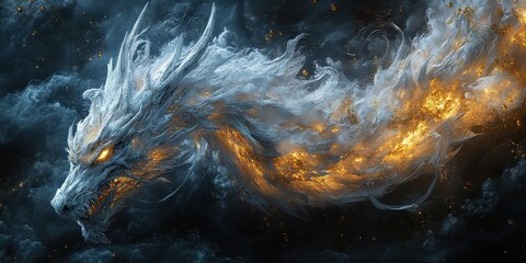 An ethereal dragon with bright eyes and flowing smoky body
