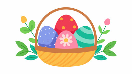 A basket containing colorful eggs decorated with patterns and surrounded by foliage. Perfect for Spring Invitations, Holiday Branding, and Creative Event Projects