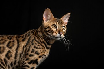 Obraz premium Bengal Cat's Intention: A sleek bengal cat with captivating gaze and spotted coat stands out elegantly in front of the dark background, exuding an aura of curiosity.