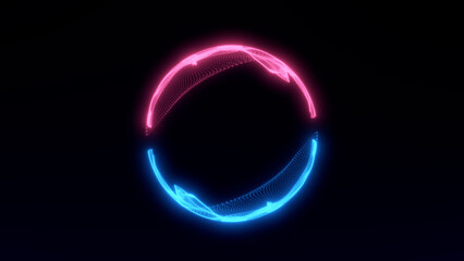 Neon futuristic modern digital 3d sphere.Animated abstract futuristic brightly shining sphere made of blue, red moving particles.Technology, science, engineering and artificial intelligence background