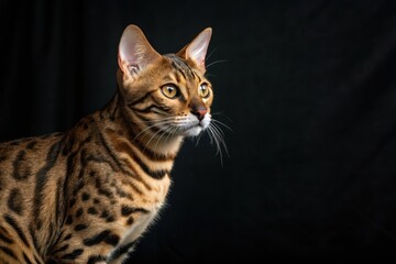 Bengal Cat's Striking Gaze: A majestic Bengal cat with a distinctive spotted coat and piercing golden eyes poses gracefully against a black background, showcasing its beauty and elegance.