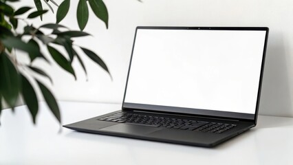 Fototapeta premium Modern Laptop: A sleek, modern laptop with a blank screen sits on a desk, framed by vibrant green leaves. Capturing the essence of technology, workspace, and contemporary design.