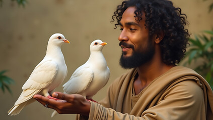 Noah tenderly leads two doves onto his arm