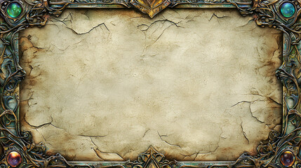 Fantasy parchment background with intricate ornamental frame, aged texture, and mystical glowing gemstones in the corners