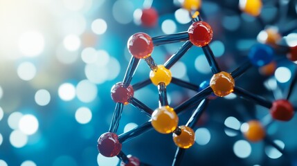 Molecular Structure Science Background - Abstract close-up of a colorful molecular structure against a blurred blue background, ideal for science, technology, and research concepts