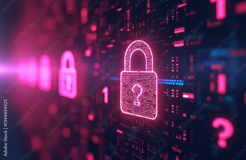 Poster digital data lock background with encryption cybersecurity concept. pink locked padlocks, binary cod
