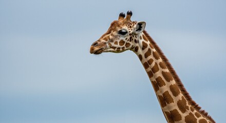 Obraz premium Giraffe with distinctive patterns gracefully overlooking the landscape under a clear blue sky