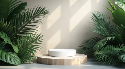 pristine white cylindrical display sits on a circular wooden platform surrounded by lush green tropical foliage.