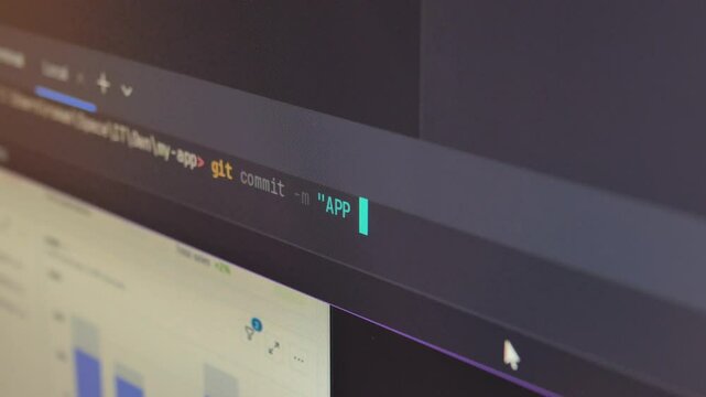 A close-up shot of a computer screen displaying a developer typing the Git commit command to finalize an application update in a terminal. Typing "App is done"
