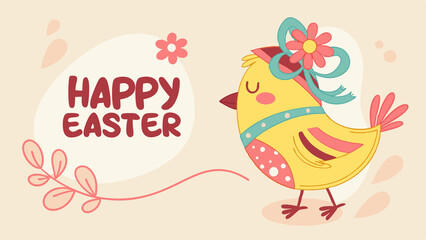 Cartoon happy easter greeting card with a yellow chick and floral decorations near text. Perfect for Spring Invitations, Holiday Branding, and Creative Event Projects
