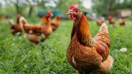 Free-range Brown Chickens Roaming in a Sunny Green Field During Warm Daylight