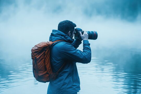 Photographer capturing nature landscape by serene lake during misty morning hours - Powered by Adobe