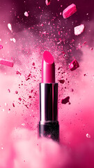 Lipstick. The pink background with cosmetics explodes with pink and red sparkles, creating an atmosphere filled with energy and vitality.