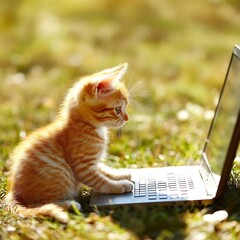 Adorable Kitten Working on Laptop Outdoors.