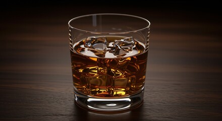 Glass of whiskey with ice cubes reflecting warm amber tones, set against a dark wooden backdrop creating a sophisticated atmosphere