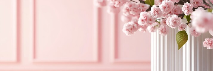 Pink Blossoms in White Vase - Delicate pink cherry blossoms arranged in a classic white vase against a soft pink background. Perfect for spring themes