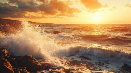 Fototapeta premium Wild Coastal Landscape with Waves Crashing on Rocky Shoreline