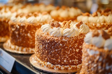 Rows of beautifully crafted cakes tempt passersby at a local bakery. The rich frosting and crunchy topping highlight the attention to quality and detail in each dessert