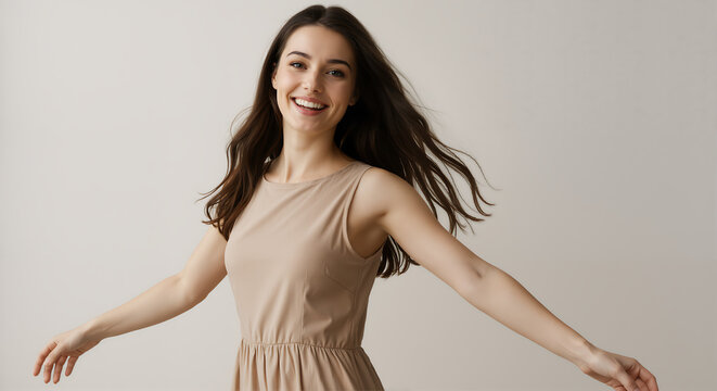 A woman with an ecstatic expression and uninhibited movement embodies complete euphoria through spontaneous celebration.