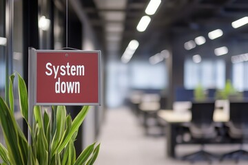 Office signage indicates system down status during work hours in a modern workspace